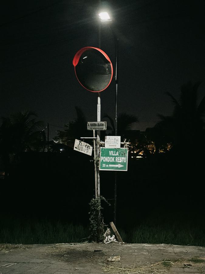 Route de nuit éclairée par un lampadaire dans la campagne balinaise