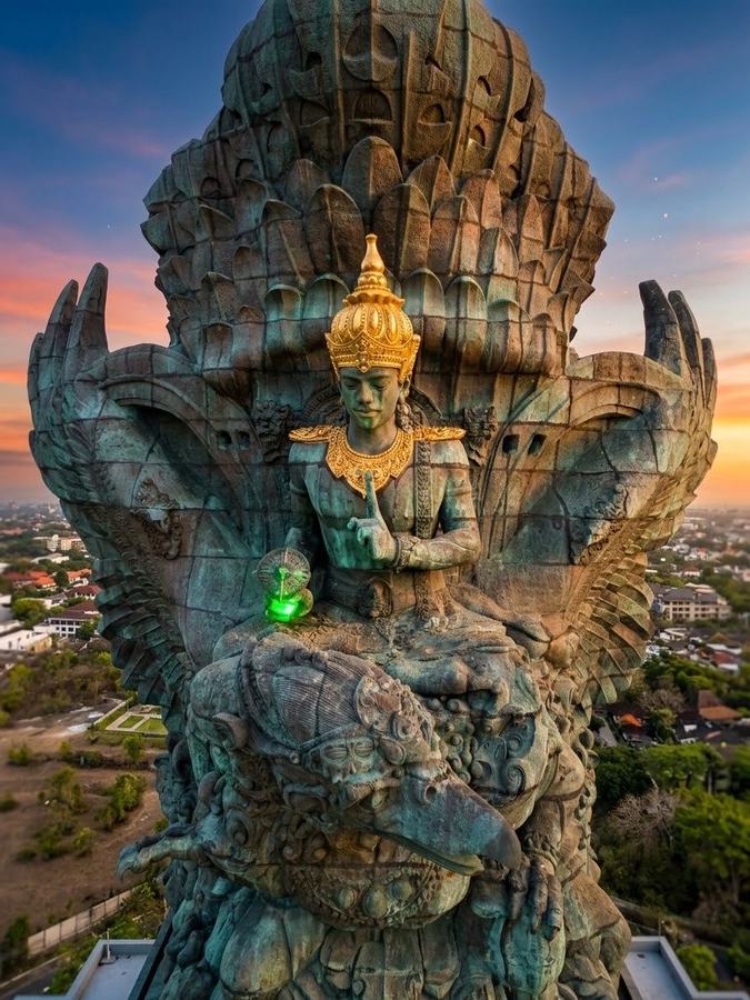 Statue monumentale de Garuda Wisnu Kencana au coucher du soleil